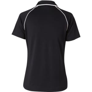 A black short-sleeve polo shirt with a raglan design and contrasting white piping, featuring a logo on the back.