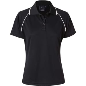 A black polo shirt featuring white piping, short sleeves, and a collar. It has a logo on the chest area.