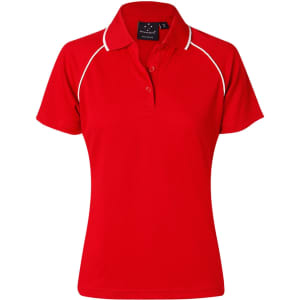 A red ladies polo shirt with short sleeves and a white trim, featuring a collar and a button placket.
