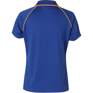 A blue men's Cooldry raglan short-sleeve polo shirt with yellow accents and a logo.