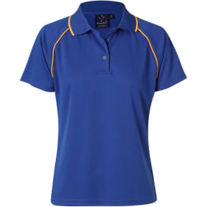 A blue polo shirt with orange piping and a collar, featuring a small logo on the neckline.