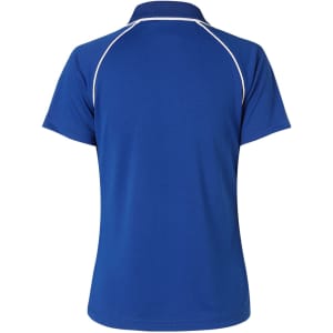 A blue men's Cooldry raglan short-sleeve polo shirt featuring contrasting piping and a logo.
