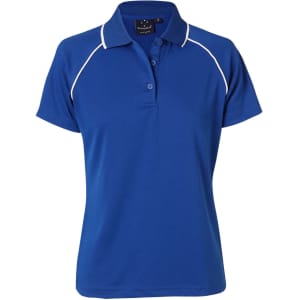 A blue polo shirt for ladies featuring a collar and contrasting white piping. Includes a logo on the label.