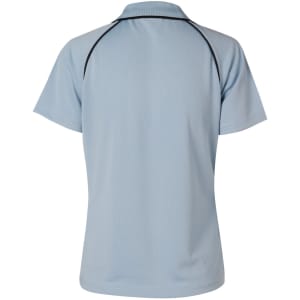 A light blue Men's Cooldry raglan short sleeve polo shirt featuring contrast piping and a logo.