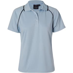 A light blue ladies polo shirt featuring black piping and a collar. It has a logo on the upper part.