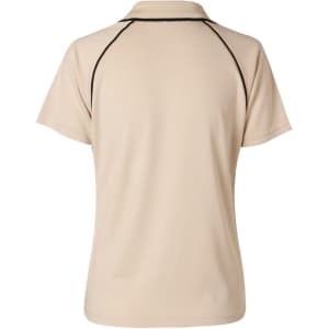A beige men's Cooldry raglan short-sleeve polo shirt with contrasting black detailing and a logo.
