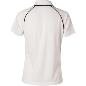 A white men's Cooldry raglan short sleeve polo shirt with contrasting black detailing and a logo on the back.