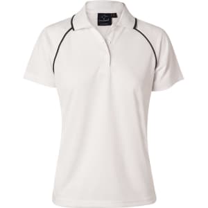 A white ladies' polo shirt with black accents, featuring a collar and a brand logo.