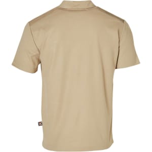A beige short-sleeved polo shirt featuring a collar and a logo on the back. Designed as workwear.