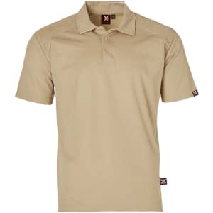 A beige short-sleeved polo shirt with a collar and a logo on the sleeve.