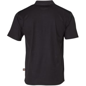 A black short-sleeve polo shirt with a logo on the back, designed for workwear.