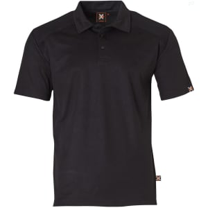 A black short-sleeve polo shirt featuring a logo and textured shoulder detail. Suitable for workwear.