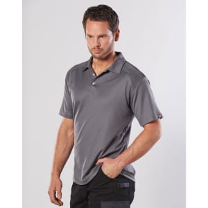 A model wearing a grey short-sleeve polo shirt with a logo on the sleeve, featuring a smooth fabric design.