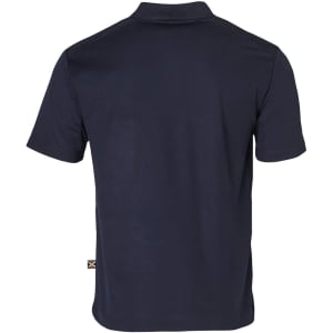 A navy blue short-sleeved polo shirt with a logo on the side. The back view features a classic collar design.