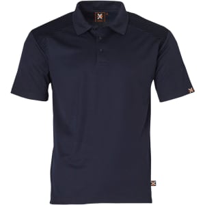 A navy polo shirt featuring short sleeves and a logo on the collar, designed for workwear.