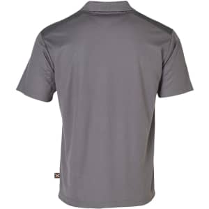 A grey short-sleeved polo shirt with a logo, featuring a plain back design and contrasting stitching.