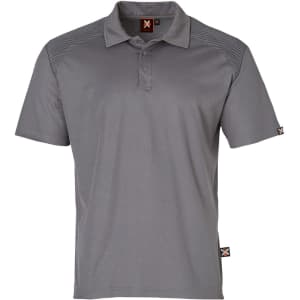 A grey short-sleeve polo shirt featuring a logo, with textured shoulder panels and a classic collar design.