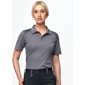 A grey short-sleeve polo shirt with subtle detailing on the shoulders, featuring a logo on the chest.