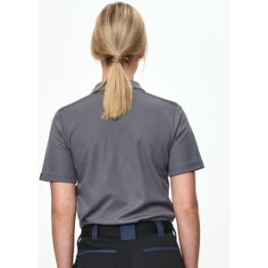 A grey short-sleeved polo shirt viewed from the back, featuring a simple design and a logo on the collar.