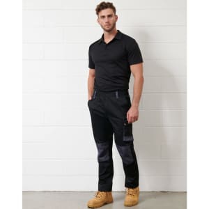 Unisex utility stretch cargo work pants in black with grey accents, featuring multiple pockets and a logo.