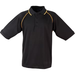 A black polo shirt with yellow detailing and a collar, featuring a logo on the chest area.