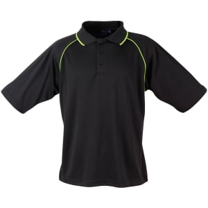 A black polo shirt with contrasting green accents, featuring a collar and short sleeves. It has a logo on the chest.