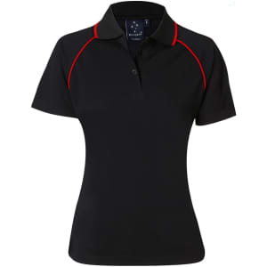 A black polo shirt with red accents and a collar, featuring a logo on the chest.