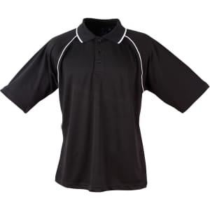 A black men's polo shirt with a collar and white piping details, featuring a branded logo.