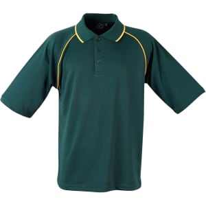 A green polo shirt with yellow accents and a branding logo on the chest. Short sleeves and a classic collar design.