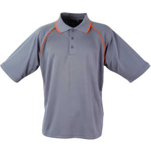 A grey polo shirt with orange accents and a logo. It features short sleeves and a classic collar.