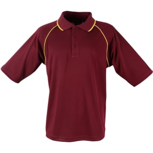A maroon polo shirt with short sleeves and yellow accents, featuring a collar and buttons, with a logo.