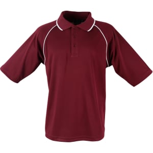 A maroon polo shirt featuring a collar, short sleeves, and white piping, complete with a logo.