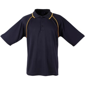 A navy blue polo shirt with yellow accents and a collar, featuring a logo on the chest area.