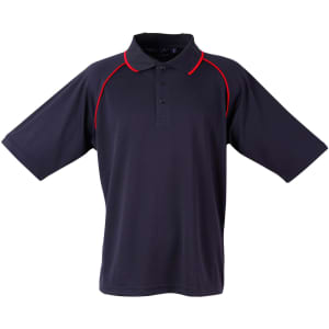 A navy polo shirt with red accents, featuring a collar and short sleeves, branded with a logo.