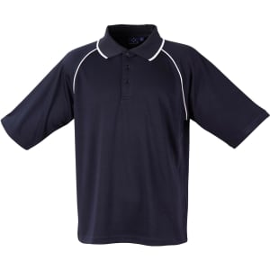 A black polo shirt with short sleeves and a contrasting collar, featuring a logo on the chest.
