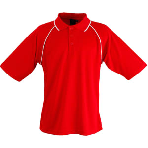 A red polo shirt featuring short sleeves and contrasting piping detail. It has a logo.