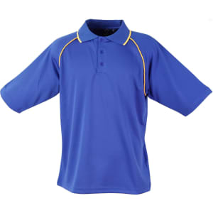 A blue men's polo shirt with short sleeves and yellow piping, featuring a collar and three buttons.