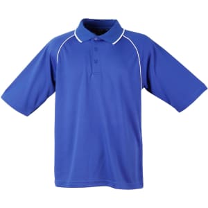 A blue men's polo shirt featuring a collar, three buttons, and contrasting white trim. It has a logo on the chest.
