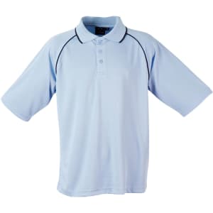 A light blue men's polo shirt featuring short sleeves and contrasting detailing, with a logo on the front.