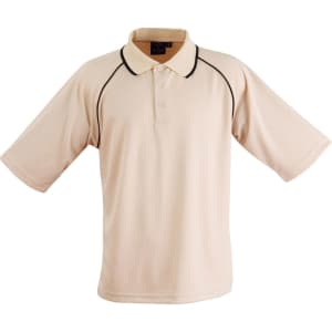 A beige polo shirt with black accents and a logo on the collar. Short sleeves and a button-up front.