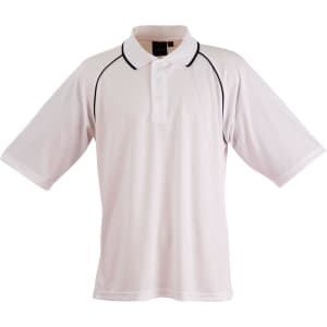 Men's polo shirt in white with black accents, featuring a collar and short sleeves. It has a logo on it.