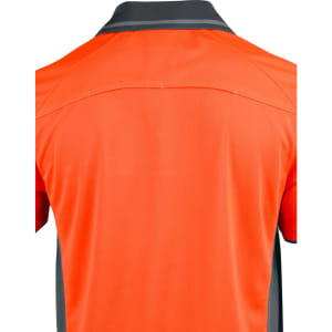 A back view of an orange polo shirt with grey accents and a logo on the collar.