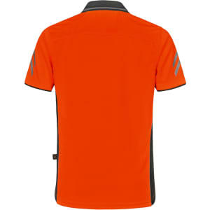 An orange polo shirt with contrasting grey detailing and a logo on the side.