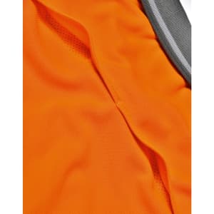 An orange polo shirt featuring a vented design and a grey collar, with a logo present.