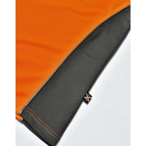 An orange and grey polo shirt featuring a logo on the hem. The fabric is breathable and vented.