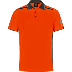 An orange polo shirt featuring black accents and reflective stripes, complete with a chest pocket and logo.