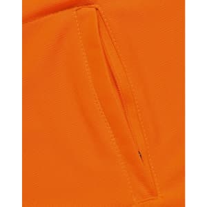 An orange polo shirt featuring a vented design and a zippered pocket. The fabric appears breathable and lightweight.