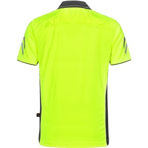 A bright yellow polo shirt with grey accents and a logo. The back features a sleek design.