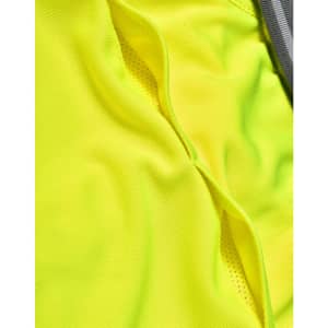 A close-up of a bright yellow vented fabric from a polo shirt, featuring a grey stripe. The material has a textured appearance.