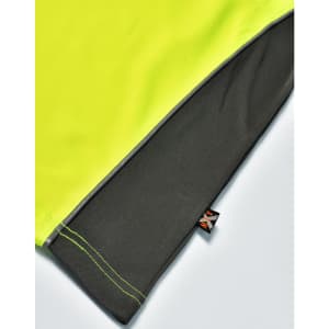 A vibrant high-visibility yellow and charcoal polo shirt featuring stitching details and a logo.